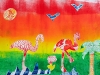 Flamingoes and birds in sunset.