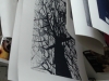 Pete Cave etched lino tree prints waiting to dry, printed at Prospect Studio with Alan Birch.